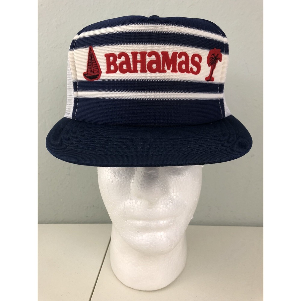 Bahamas Vintage Mesh Trucker Snapback Hat Navy White Striped Z10